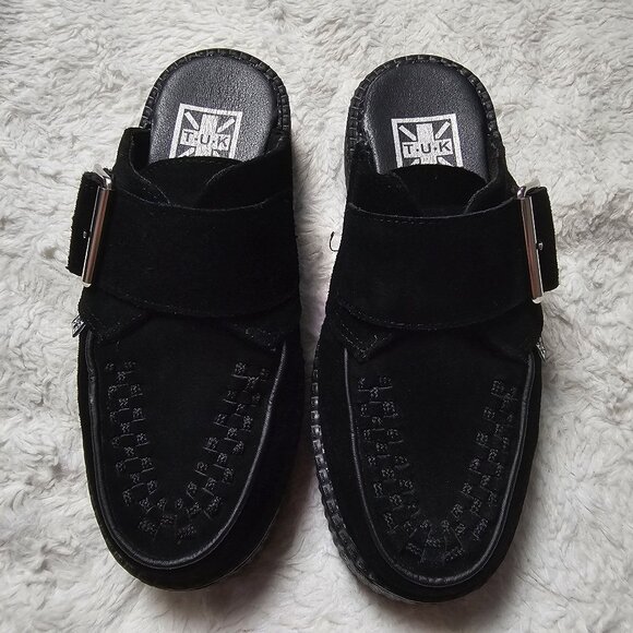 T.U.K. Black Suede Creeper Mule Platform Buckle Size 7 - Picture 2 of 6